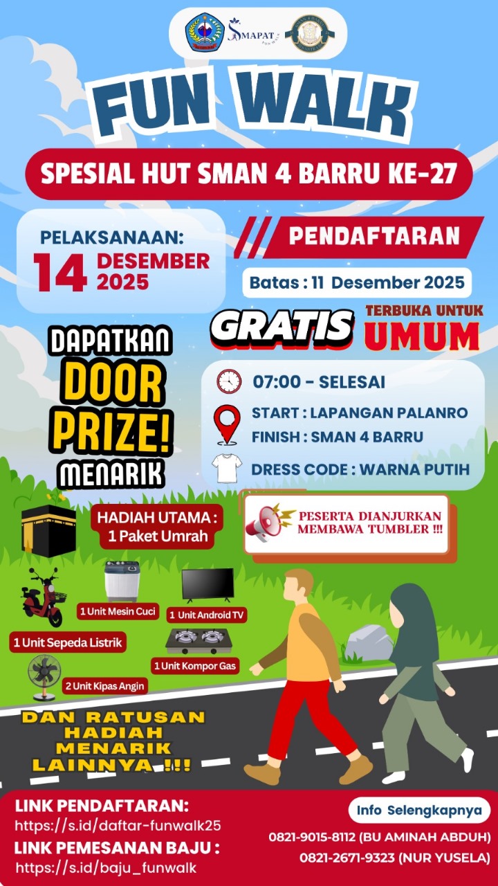 Fun Walk HUT ke-27 SMAN 4 Barru Siap Digelar: Gratis, Meriah, dan Hadiah Utama Paket Umrah
