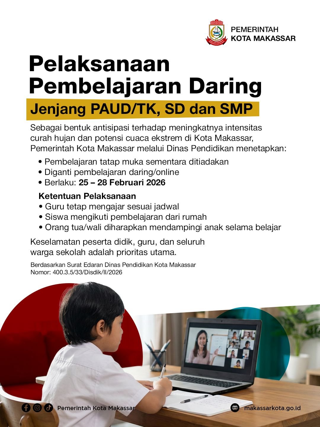 Dinas Pendidikan Makassar Terapkan Belajar Daring Imbas Cuaca Ekstrem Hingga 28 Februari