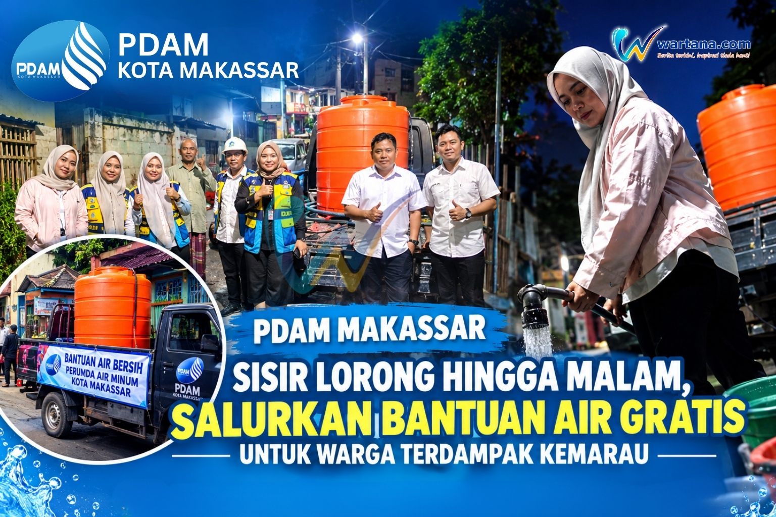 PDAM Makassar Sisir Lorong hingga Malam, Salurkan Bantuan Air Gratis untuk Warga Terdampak Kemarau